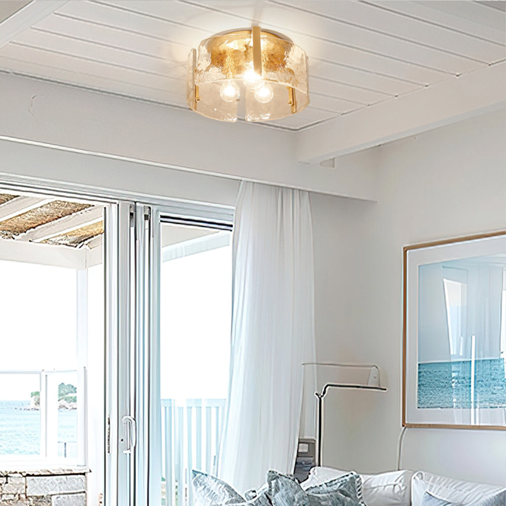 Hammered Water Glass Ceiling Light -  Gold Drum Flush Mount Light